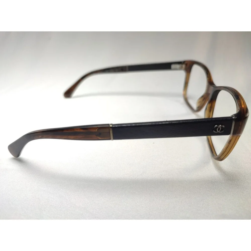 Chanel 3310-Q c.1569 Tortoise Leather Temple Eyeglass Frames Only 52-16-140